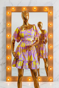 Set Aura Botanical Lila y Amarillo crop top y falda con volantes