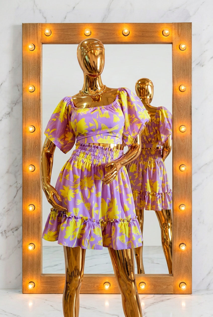 Set Aura Botanical Lila y Amarillo crop top y falda con volantes