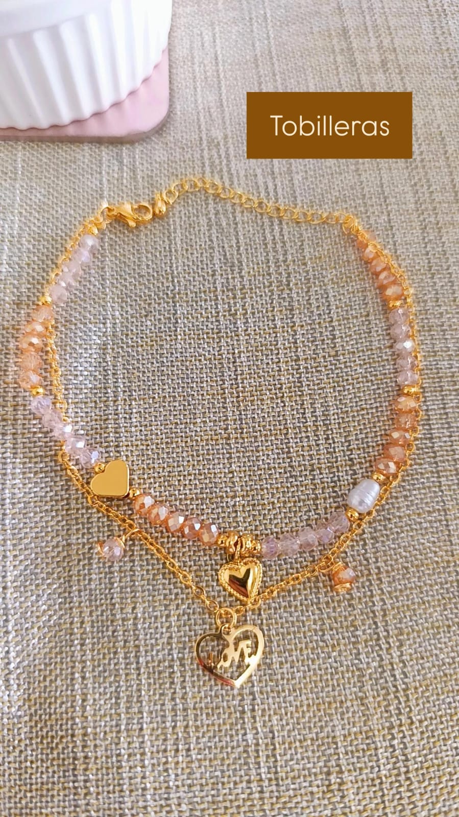 Tobillera doble goldfill rosado con dije amor