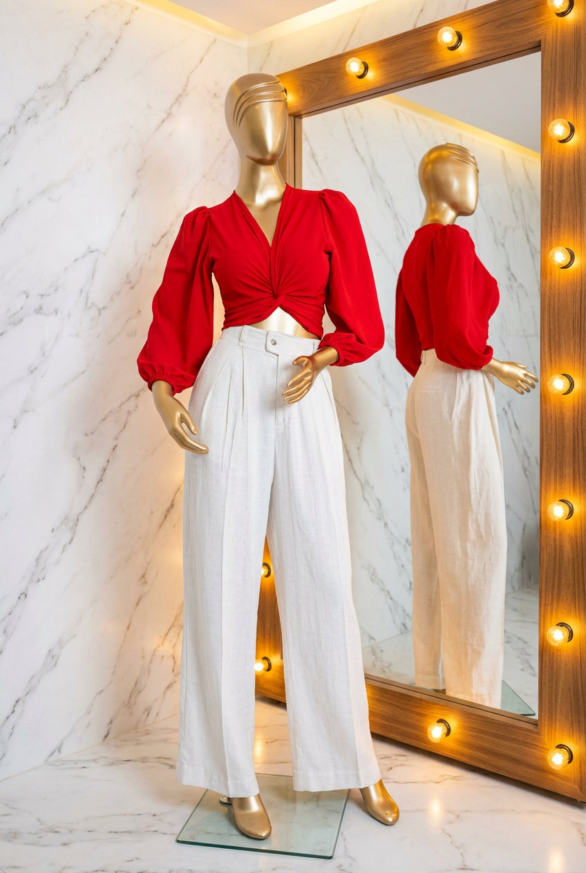 Pantalón Palazzo Lino Olán color avena con blusa cruzada roja