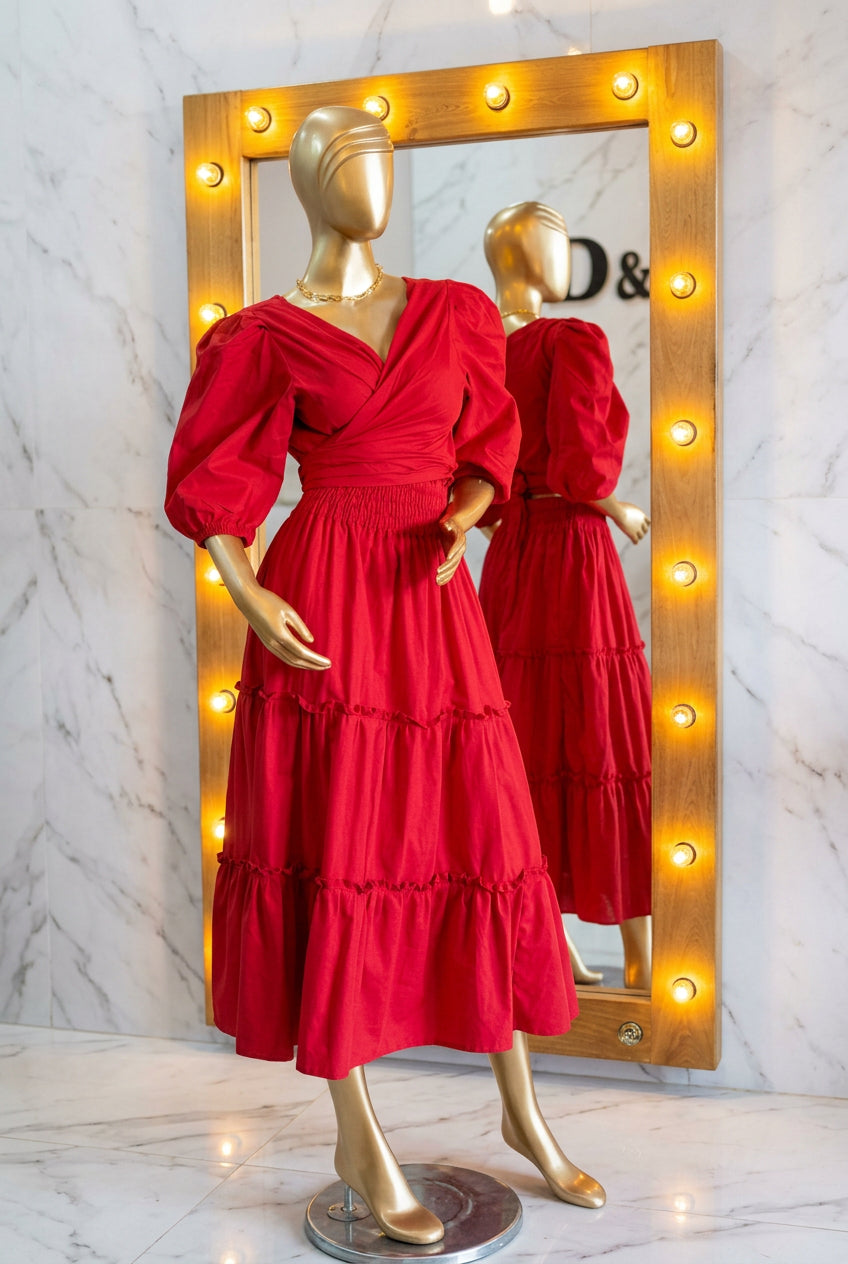 Conjunto Lino Olán color rojo – blusa cruzada y falda escalonada