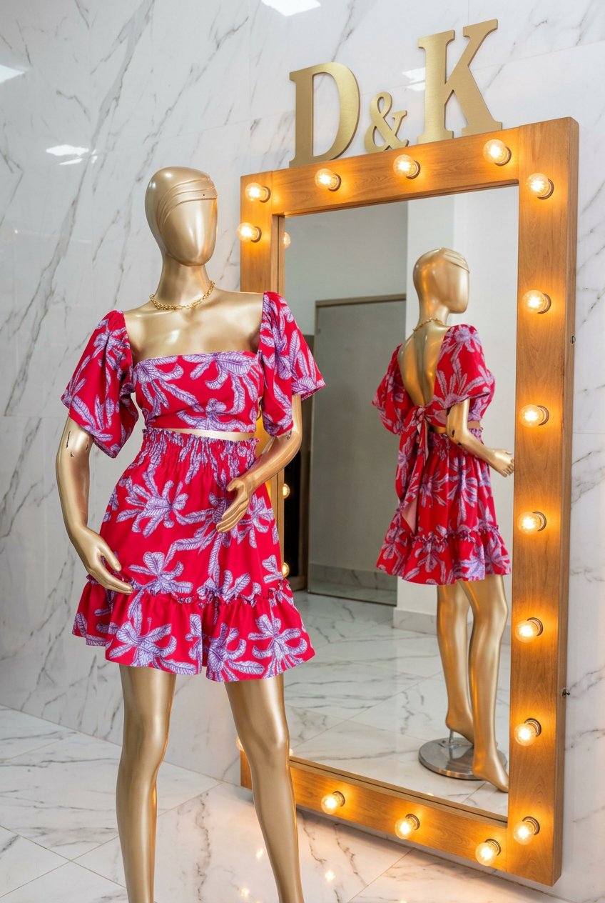Set Aura Botanical Fucsia Tropical crop top y falda con volantes