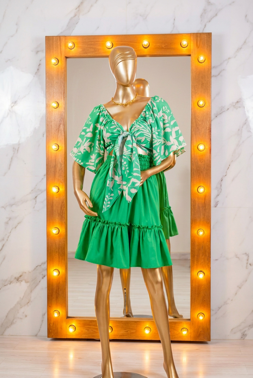 Set Aura Botanical Verde con Lazo Rosa crop top y falda verde esmeralda