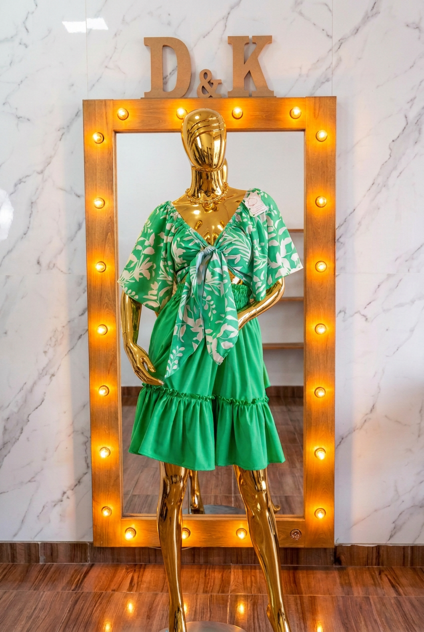 Set Aura Botanical Verde con Lazo Blanco crop top y falda verde esmeralda