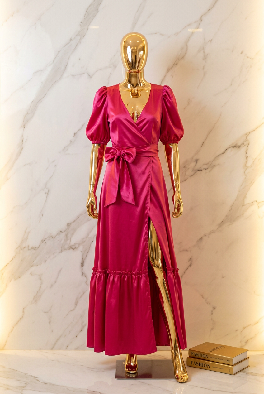 Vestido Cruzado Fucsia en Maniquí Dorado